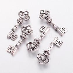 Tibetan Style Alloy Pendants, Lead Free, Cadmium Free and Nickel Free, Skeleton Key, Antique Silver, 32x12x2mm, Hole: 3mm