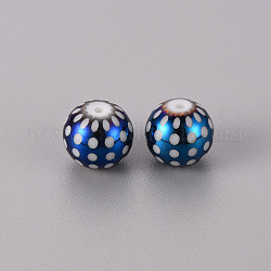 Perles en verre electroplate, rond avec motif à pois, bleu plaqué, 10mm, Trou: 1.2mm