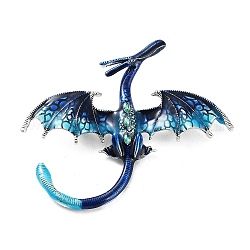Dragon Alloy Rhinestone Brooches, Enamel Pins, Antique Silver, Blue, 70x78x13mm