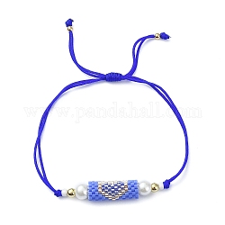 Colonna di perle di vetro e semi con braccialetto a maglie di cuore, braccialetto regolabile per le donne, blu fiordaliso, diametro interno: 3/8~3-1/4 pollice (1~8.3 cm)