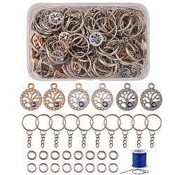 DIY Keychain Making Kits, 60Pcs 3 Colors Flat Round with Tree of Life and Evil Eye Alloy Pendants, 200Pcs Iron Open Jump Rings and Iron Split Key Rings, Nylon Thread Cord, Mixed Color, 46mm