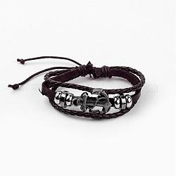Bracelets de cordon en cuir réglable multi-brins, avec les accessoires en alliage, ancre d'argent antique, brun coco, 60 mm (2-3/8 pouces)
