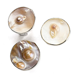 Concha de agua dulce con anillos de dedo ajustables de perlas para niñas y mujeres, anillos de latón platino, redondo, 4mm, diámetro interior: 18 mm, redondo: 26 mm de diámetro.