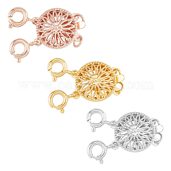 DICOSMETIC 3Pcs 3 Colors Brass Box Clasps, 2-strand, 4-hole, with Spring Ring Clasps, Flat Round, Mixed Color, 25x12x5.5mm, Hole: 2.3mm, 1pc/color