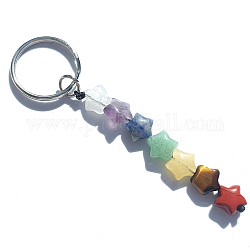 7 porte-clés pierres précieuses chakra, avec porte-clés en alliage couleur platine, motif en étoile, 10 cm