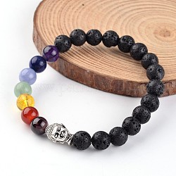 Buddha Head Natural Lava Rock Beaded Chakra Stretch Bracelets, with Gemstone Beads and 
Tibetan Style Alloy Beads, 53mm