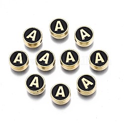 Perles d'émail en alliage, sans cadmium et sans plomb, or clair, rond et plat avec alphabet, noir, letter.a, 8x4mm, Trou: 1.5mm
