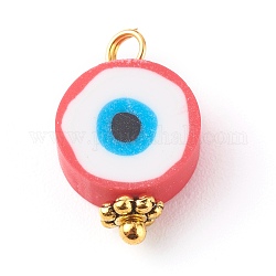 Ciondoli in argilla polimerica, con accessori di ottone, piatta e rotonda con pattern occhio, indian rosso, 14x9x5mm, Foro: 1.8 mm