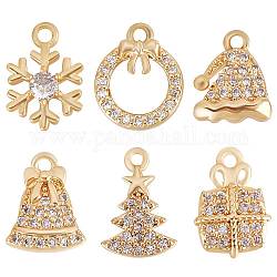 Beebeecraft 12Pcs 6 Style Brass Micro Pave Cubic Zirconia Charms, Nickel Free, for Christmas, Snowflake/Christmas Tree/Bell, Real 18K Gold Plated, Clear, 9.5~12x8~9x2~2~2.5mm, Hole: 1~1.2mm, 2pcs/style