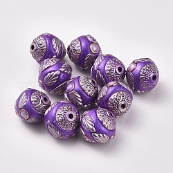 Perles Indonésiennes manuelles, avec les accessoires en métal, argent antique et plaqué or clair, ronde, violet, 14~15x14~15mm, Trou: 1.5~2mm