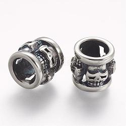 304 Stainless Steel Beads, Hollow, Column with Skull, Large Hole Beads, Antique Silver, 13x14mm, Hole: 9mm