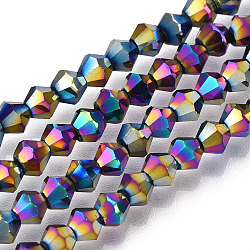Abalorios de vidrio electrochapdo, arco iris chapado, bicono facetados, multi-color de chapado, 4x4.5mm, agujero: 1 mm, 92~96 pcs / Hilo, 13.78~14.37 pulgada