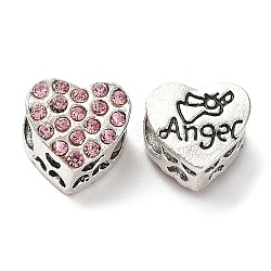 Grande lega del cuore di strass vetro foro European Beads, con la parola Angelo, argento antico, roso chiaro, 10.5x11x9mm, Foro: 5 mm