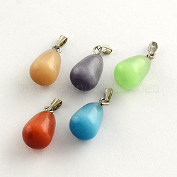Cat Eye Pendants with Platinum Tone Iron Findings, Teardrop, Mixed Color, 18x10mm, Hole: 5x2mm