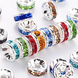Brass Rhinestone Spacer Beads, Grade AAA, Straight Flange, Nickel Free, Silver Color Plated, Rondelle, Mixed Color, 7x3.2mm, Hole: 1.2mm