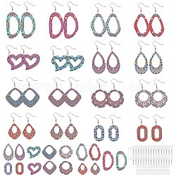 DIY Dangle Earring Making Kits, with Flower Pattern Printed Basswood Pendants and Brass Earring Hooks, Mixed Shape, Platinum & Silver, Earring Hooks: 19mm, Pin: 0.7mm, 32pcs/set