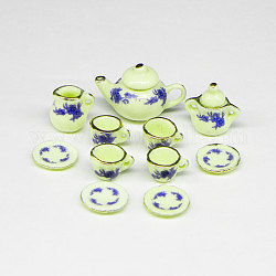 Porzellan-Miniatur-Teekannen-Tassen-Set-Ornamente, Mikro-Landschaftsgarten-Puppenhauszubehör, vorgetäuschte Requisitendekorationen, grün gelb, 20 mm, 11 Stück / Set
