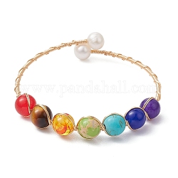 Natural & Synthetic Mixed Stone & Pearl Beaded Bangle, Brass Cuff Bangles, Light Gold, Inner Diameter: 2-1/4 inch(5.8cm)