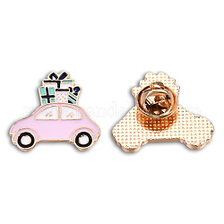 Car with Gift Box Shape Enamel Pin, Light Gold Plated Alloy Vehicle Badge for Backpack Clothes, Nickel Free & Lead Free, Pearl Pink, 26x27.5mm