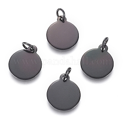 304 Stainless Steel Charms, with Jump Rings, Blank Stamping Tag, Flat Round, Electrophoresis Black, 14.5x12x0.8mm, Hole: 3.5mm