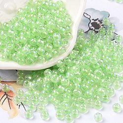 6/0 Glass Seed Beads, Inside Colours, Round, Transparent Colours Rainbow, Lawn Green, 4x3mm, Hole: 1.2mm, about 6925pcs/pound