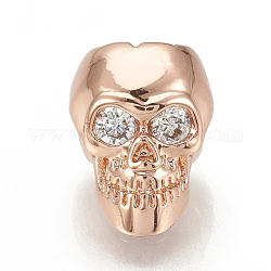 Brass Cubic Zirconia Beads, Skull, Clear, Rose Gold, 11.5x9x9.5mm, Hole: 1.5mm