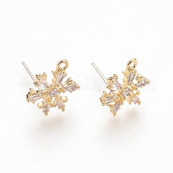 Brass Cubic Zirconia Ear Stud Findings, with Loop, Snowflake, Clear, Nickel Free, Real 18K Gold Plated, 11x8.5mm, Hole: 1mm