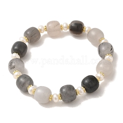 Braccialetti elasticizzati con perle naturali e quarzo nuvoloso, con vere perle di ottone placcato oro 14k, diametro interno: 2-1/4 pollice (5.6 cm)