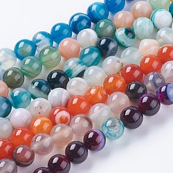 Round Dyed Natural Striped Agate/Banded Agate Beads Strands, Mixed Color, 8mm, Hole: 1mm, about 48pcs/strand, 15.2inch