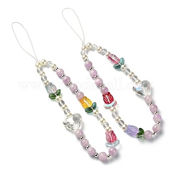 Tulip & Heart Natural Kunzite/Quartz Crystal & Glass Beaded Mobile Straps, Nylon Cord Mobile Accessories Decoration, Mixed Color, 18.5cm