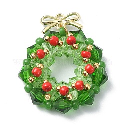 Pendentifs en perles de verre imitation autrichien, avec fil de nylon et boucles en laiton, breloques de couronne de Noël, lime green, 32.5x26x7mm, Trou: 1.2mm
