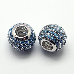 CZ Jewelry Brass Micro Pave Cubic Zirconia European Beads, Cadmium Free & Nickel Free & Lead Free, Large Hole Rondelle Beads, Platinum Metal Color, Sky Blue, 12x10mm, Hole: 4mm