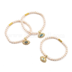 Laiton bracelets en émail, avec des perles de nacre naturelle, perles de verre et fermoirs à vis en laiton, oeil, or, couleur mixte, 19.5 cm (7-5/8 pouces)