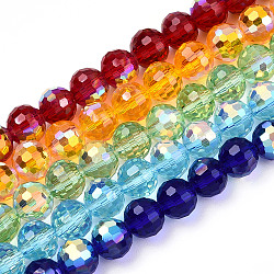 Transparent Electroplate Glass Beads Strands, Faceted, Half AB Color Plated, Round, Mixed Color, 8x7~7.5mm, Hole: 1.0mm, about 71~72 pcs/strand, 20.20~21.85 inch(51.3~55.5cm)