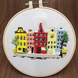 DIY Building Pattern Embroidery Starter Kit, Cross Stitch Kit Including Imitation Bamboo Frame, Carbon Steel Pins, Cloth and Colorful Threads, Colorful, 177x164x8.5mm, Inner Diameter: 144mm