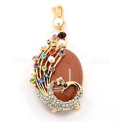 Multi-Color Alloy Rhinestone Peacock Setting with Oval Gemstone Big Pendants, Golden Metal Color, Synthetic Goldstone, 66x33x15mm, Hole: 7x5mm