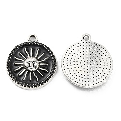 Alloy Enamel Pendants, Platinum, Flat Round with Sun Charm, Black, 19x16x2.5mm, Hole: 1.2mm