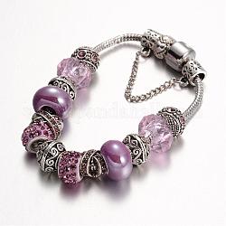 Bracelets en alliage avec perles européennes avec strass, avec des perles de verre et chaîne en laiton, lilas, 190mm