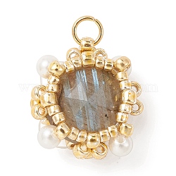 Natural Labradorite Pendants, Faceted Flat Round Charms with TOHO Round Seed Beads and Round Shell Pearl Beads Wrapped, Real 18K Gold Plated, 15x13.5x6.5mm, Hole: 2.6mm