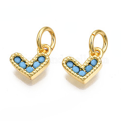 Brass Micro Pave Cubic Zirconia Charms, with Jump Ring, Heart, Real 16K Gold Plated, Nickel Free, Turquoise, 8x8x2mm, Jump Ring: 5x1mm, 3mm inner diameter