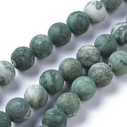 Natural China Silver Leaf Jasper Beads Strands, Dyed & Heated, Frosted, Round, Green, 10mm, Hole: 0.8mm, about 38pcs/strand, 14.76 inch(37.5cm)