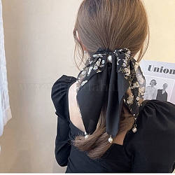 Accessoires de cheveux élastiques en polyester à motif de fleurs, pour les filles ou les femmes, avec perle imitation perle en plastique, chouchou/élastiques à cheveux chouchous avec longue queue, foulard à nœud noué, noir, 210mm