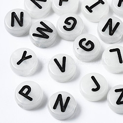 Luminous White Smoke Acrylic Beads, Glow in the Dark, Horizontal Hole, Flat Round with Mixed Letter, Black, 10x4.5mm, Hole: 2mm, about 1600pcs/500g