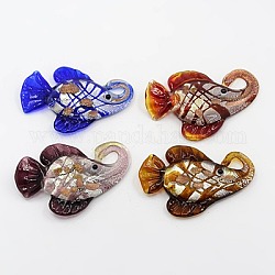 Handmade Silver Foil Glass Big Pendants, with Gold Sand, Fish, Mixed Color, 40x60mm