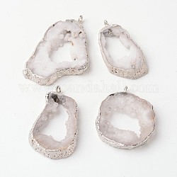 Natural Geode Agate Druzy Slice Pendants, Nuggets, with Brass Findings, Silver, 18~48x28~70x6~9mm, Hole: 2mm