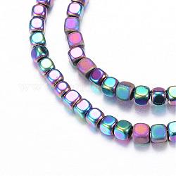 Chapelets de perles en hématite synthétique sans magnétique, avec un style mat, cube, multi-couleur plaquée, 3x3x3mm, Trou: 1mm, Environ 142 pcs/chapelet, 15.7 pouce