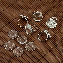 18mm Clear Domed Glass Cabochon Cover and Brass Pad Ring Bases for DIY Portrait Ring Making, Silver Color Plated, Ring Bases: 17mm, Tray: 18mm