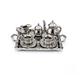 Vintage Mini-Teeset aus Legierung, inklusive 1 Teekanne, 1 Zuckerdose, 1 Sahnekännchen, 2 Teetassen, 2 Untertassen, 1 Ablageschale, vorgetäuschte Requisitendekorationen, Platin Farbe, 67x48x7.5 mm, 8 Stück / Set