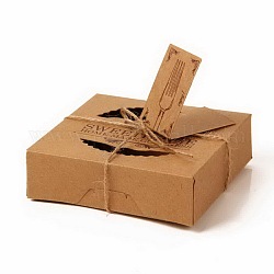 Boîte à biscuits en papier kraft, couvercle rabattable avec fenêtre visuelle, avec corde de chanvre et étiquette, carrée, tan, 10x10x3 cm