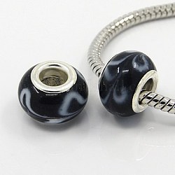 Handmade Lampwork European Beads, Large Hole Beads, with Silver Color Brass Core, Rondelle, Black, about 15mm in diameter, 10mm thick, hole: 5mm